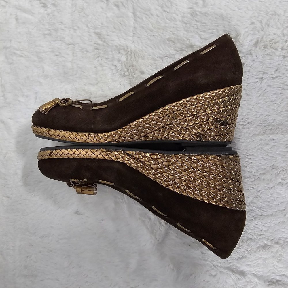 Lauren Ralph Lauren Cambree Chocolate Suede Gold Metallic Wedge Shoes Size 7 - Picture 13 of 16